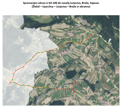 Spremenjen obvoz iz G2-106 do naselij Jurjevica, Breže, Sajevec 